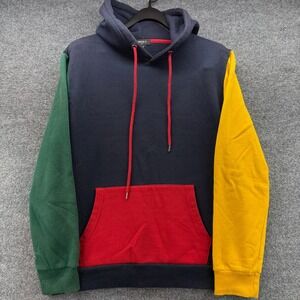 Forever 21 Men Colorblock Hoodie Navy Green Yellow Red Pocket Pullover Size L